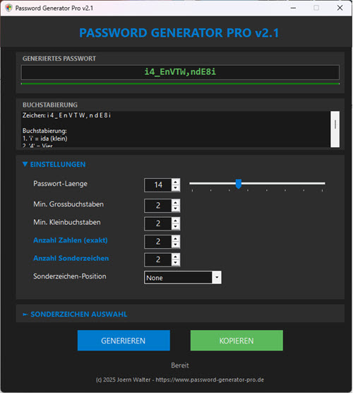 Password Generator Pro Standalone Einstellungen